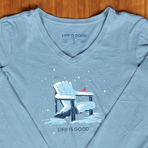 Blue Grey Snowy Adirondack Chair Cardinal Long Sleeve Crusher V-Neck Tee - S - Picture 5 of 7